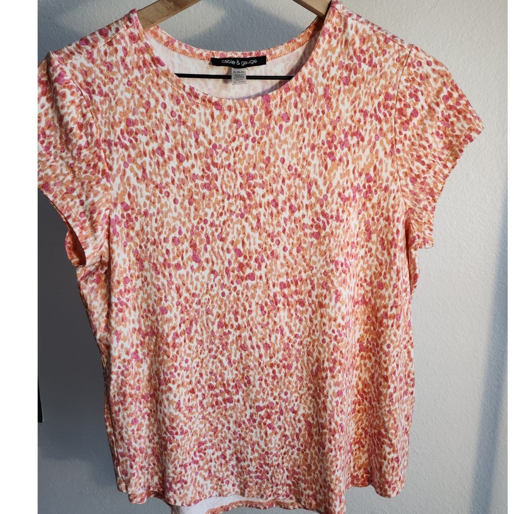 Cable & Gauge Womens Petite Large Orange Pink Abstract Dot Short Sleeve Knit Top